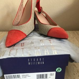 Stuart Weitzman Natural Linen/Red sling backs.